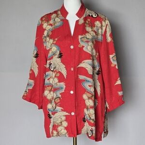 100% Silk Half Moon Bay Red Kimono Shirt Jacket with Novelty Print Crane Size L